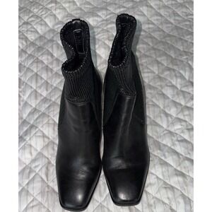 Vince Camuto Black Leather Square Toe Sock Boots 8M Stretch Ribbed Heel‎